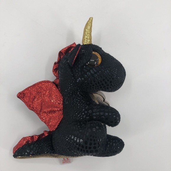 Ty Beanie Boos Grindal Dragon Unicorn Plush Black Gold Red Wings 2021 6" TAG - Picture 2 of 12